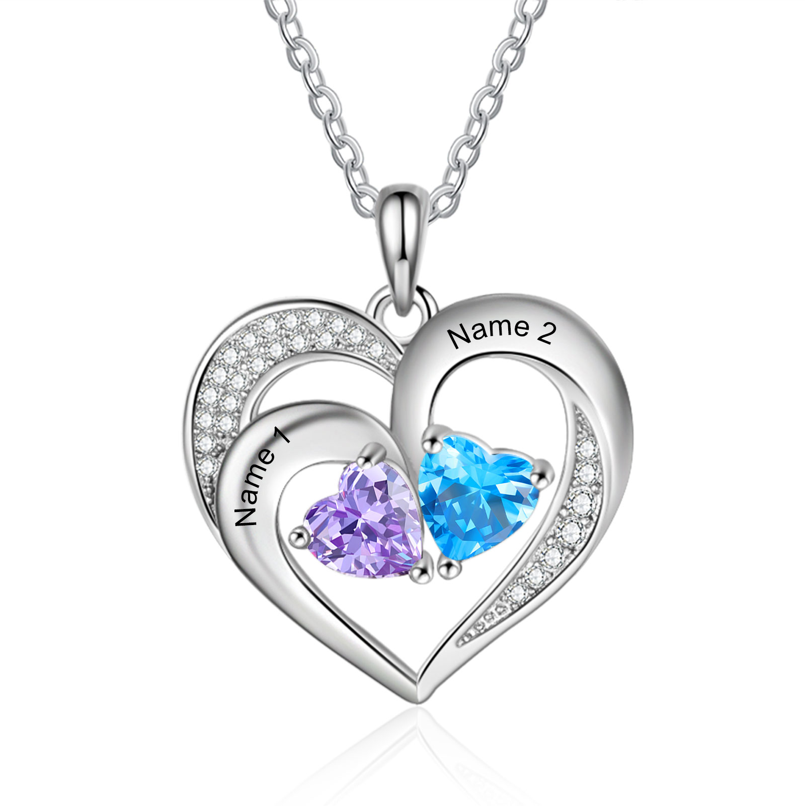 Personalized 925 Sterling Silver Necklace with Engraved 2 Names & 2 Birthstones – Meaningful Gift for Her | Jessemade