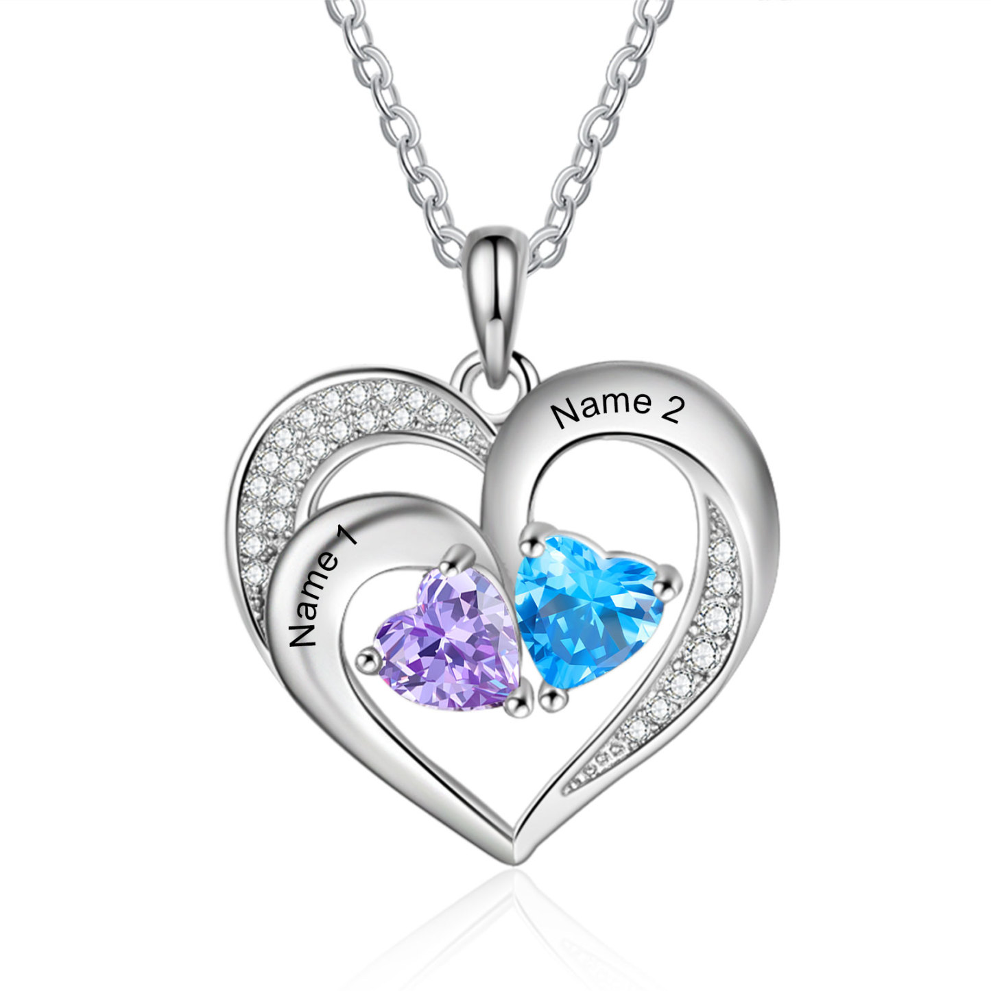 Personalized 925 Sterling Silver Necklace with Engraved 2 Names & 2 Birthstones – Meaningful Gift for Her | Jessemade