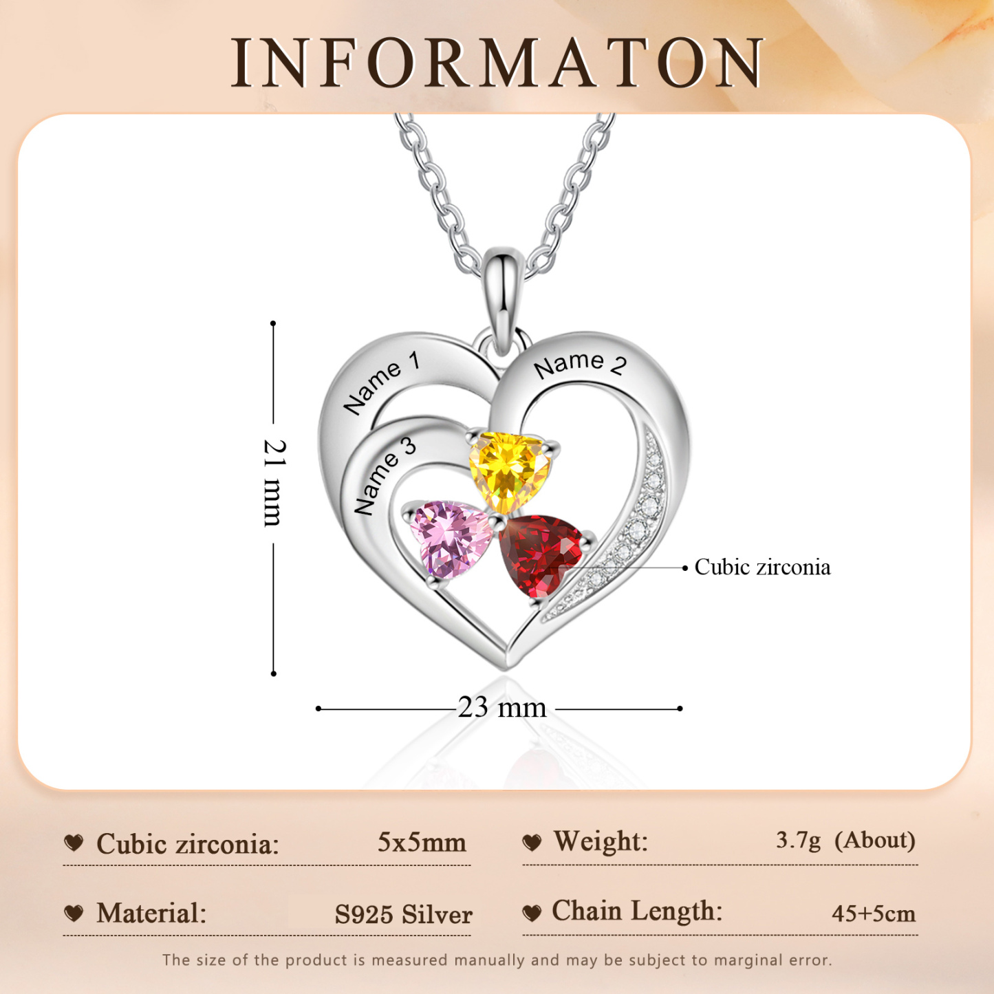 Personalized 925 Sterling Silver Necklace with Engraved 3 Names & 3 Birthstones – Meaningful Gift for Her | Jessemade