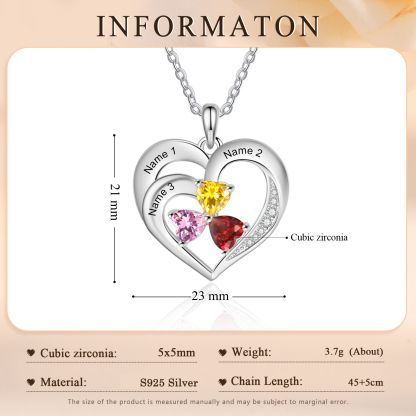 Personalized 925 Sterling Silver Necklace with Engraved 3 Names & 3 Birthstones – Meaningful Gift for Her | Jessemade