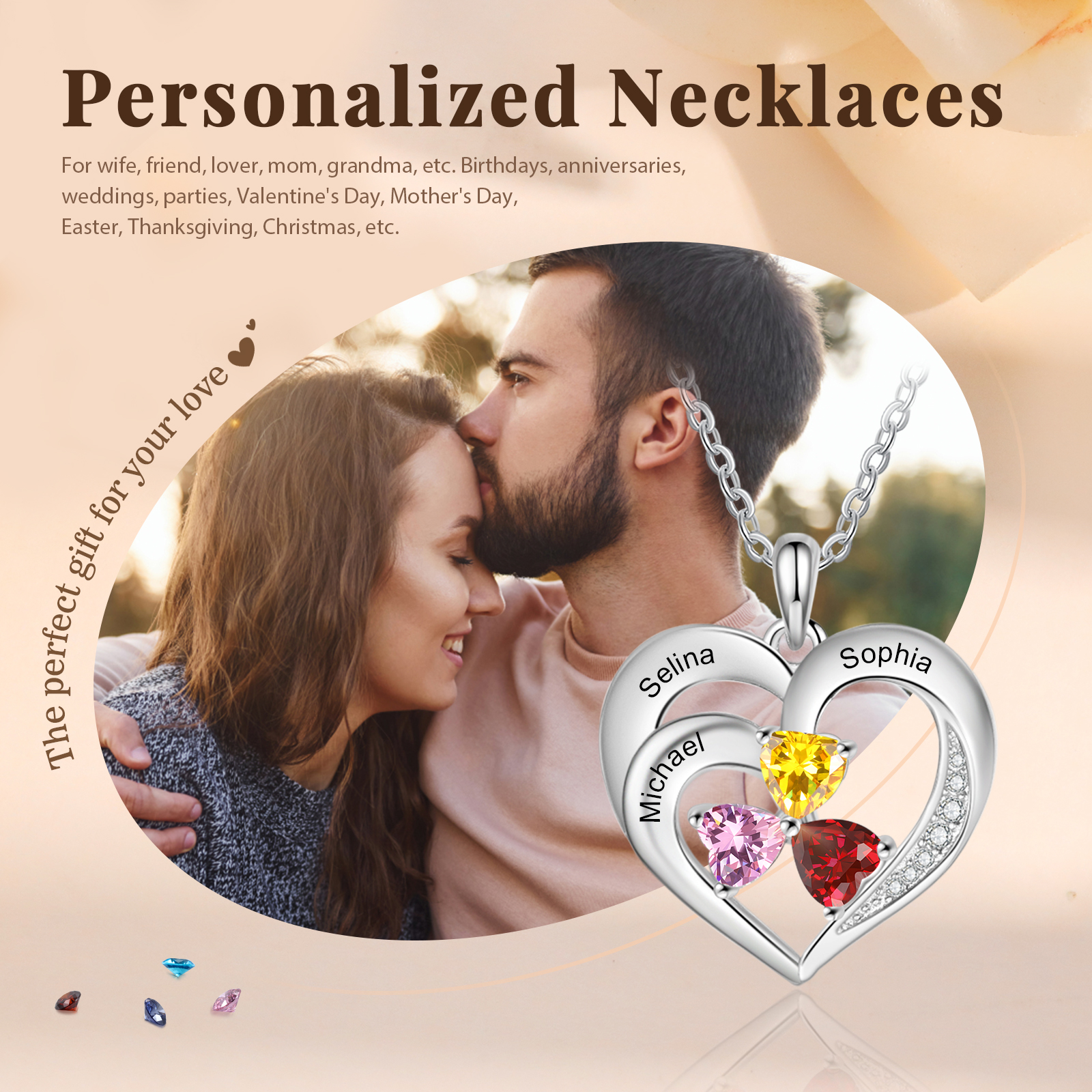 Personalized 925 Sterling Silver Necklace with Engraved 3 Names & 3 Birthstones – Meaningful Gift for Her | Jessemade