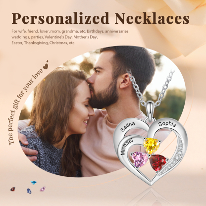 Personalized 925 Sterling Silver Necklace with Engraved 3 Names & 3 Birthstones – Meaningful Gift for Her | Jessemade