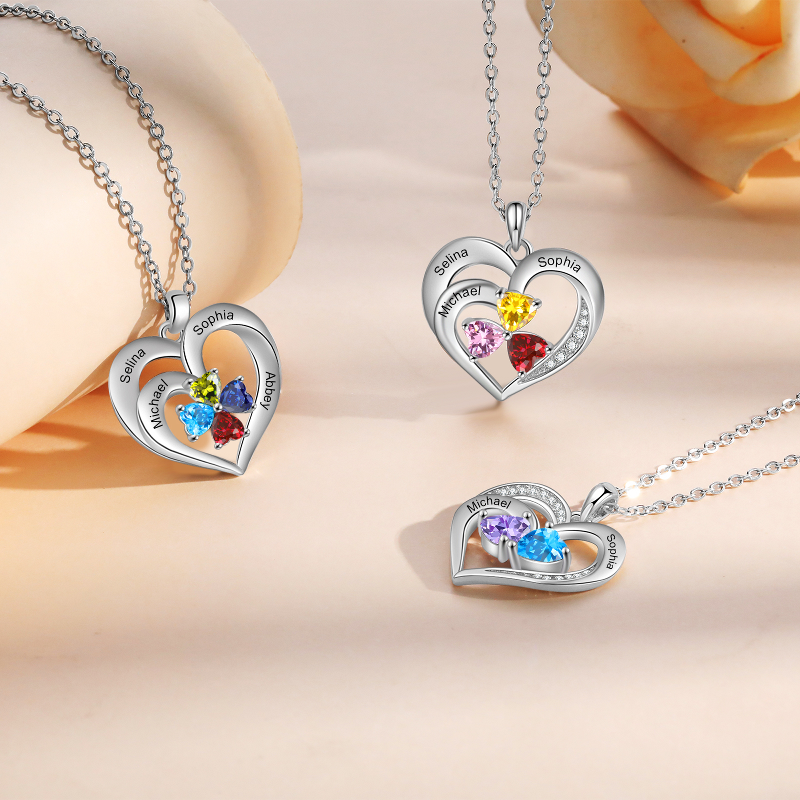 Personalized 925 Sterling Silver Necklace with Engraved 3 Names & 3 Birthstones – Meaningful Gift for Her | Jessemade