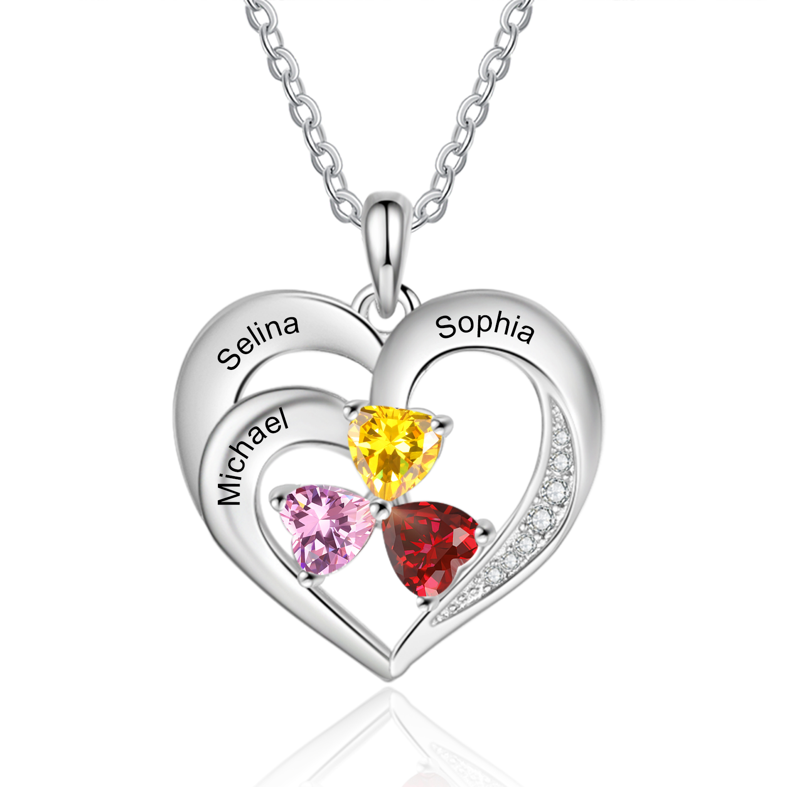 Personalized 925 Sterling Silver Necklace with Engraved 3 Names & 3 Birthstones – Meaningful Gift for Her | Jessemade