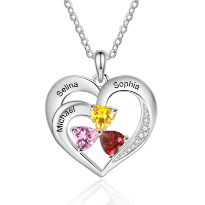 Personalized 925 Sterling Silver Necklace with Engraved 3 Names & 3 Bi