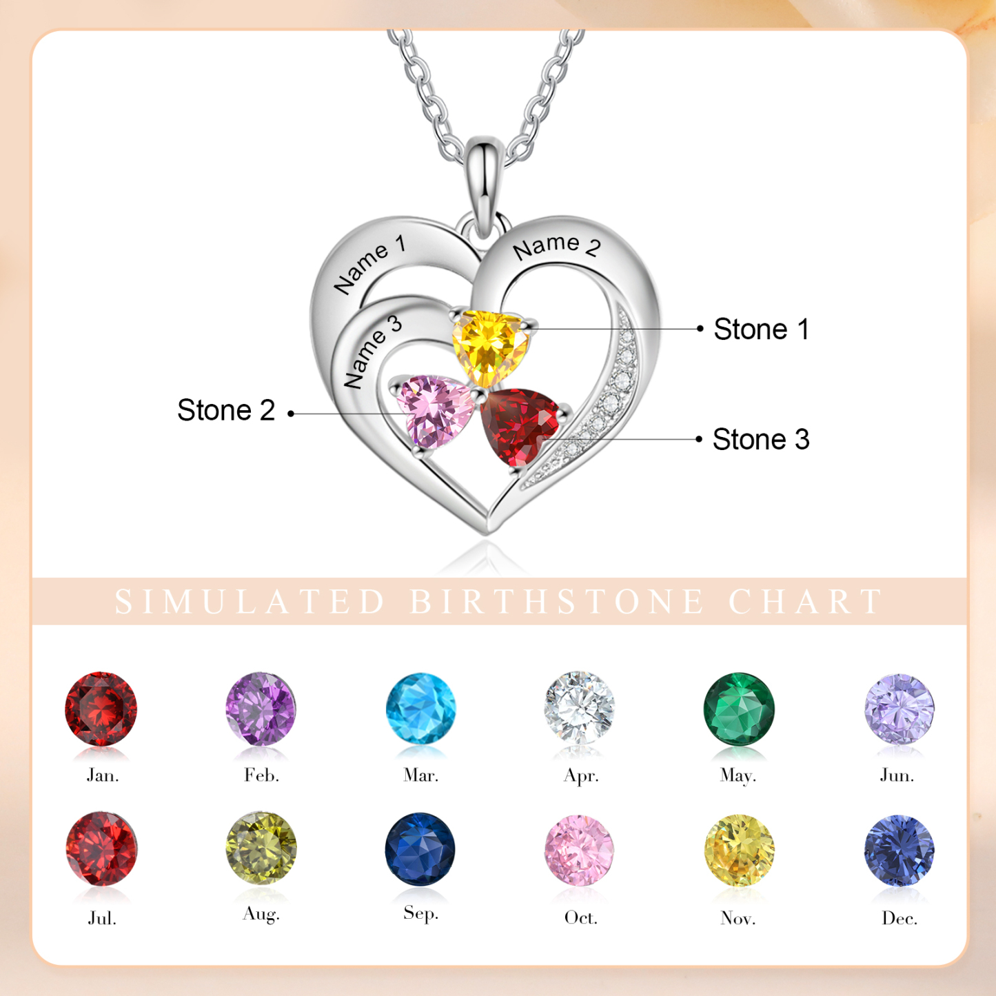 Personalized 925 Sterling Silver Necklace with Engraved 3 Names & 3 Birthstones – Meaningful Gift for Her | Jessemade