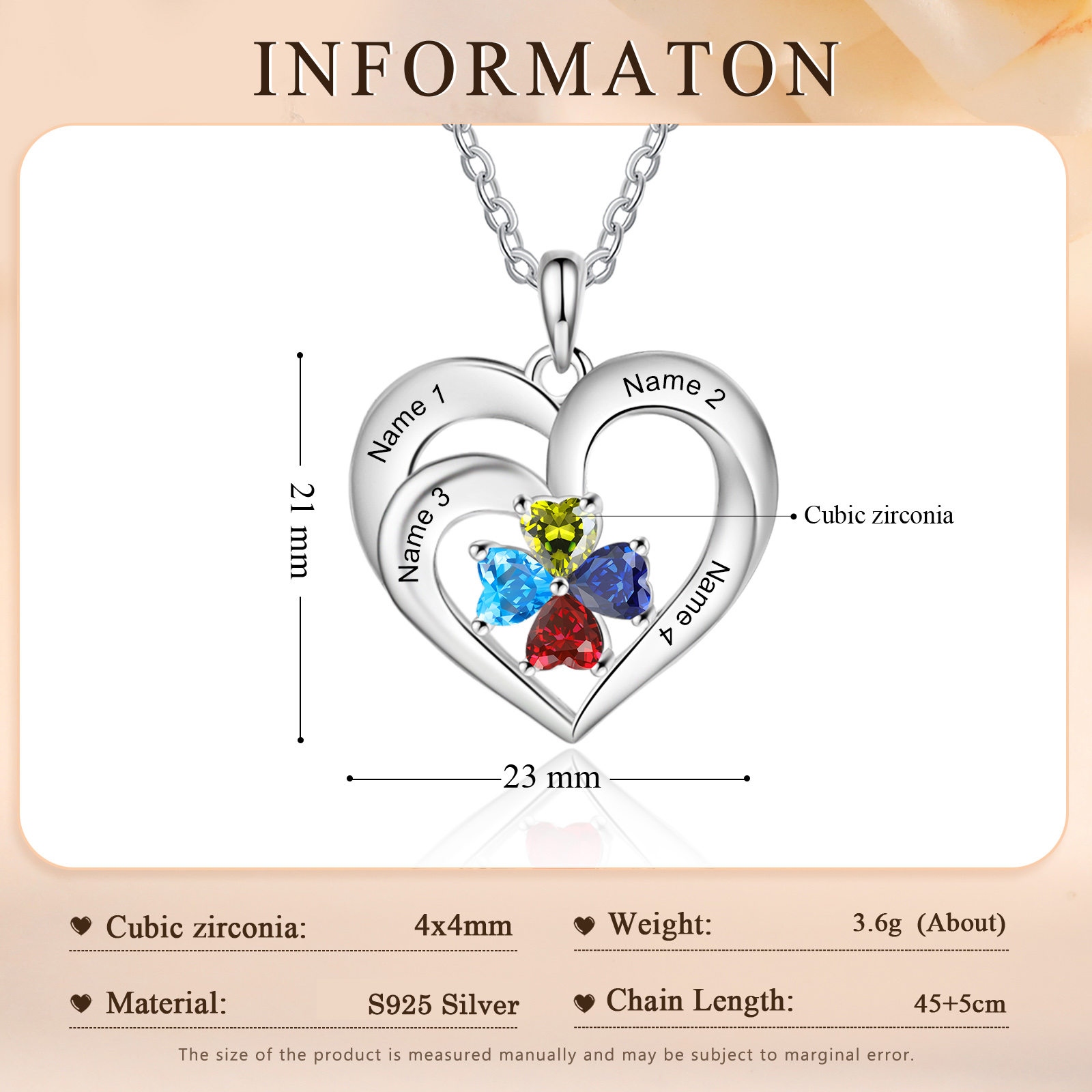 Personalized 925 Sterling Silver Necklace with Engraved 4 Names & 4 Birthstones – Meaningful Gift for Her | Jessemade
