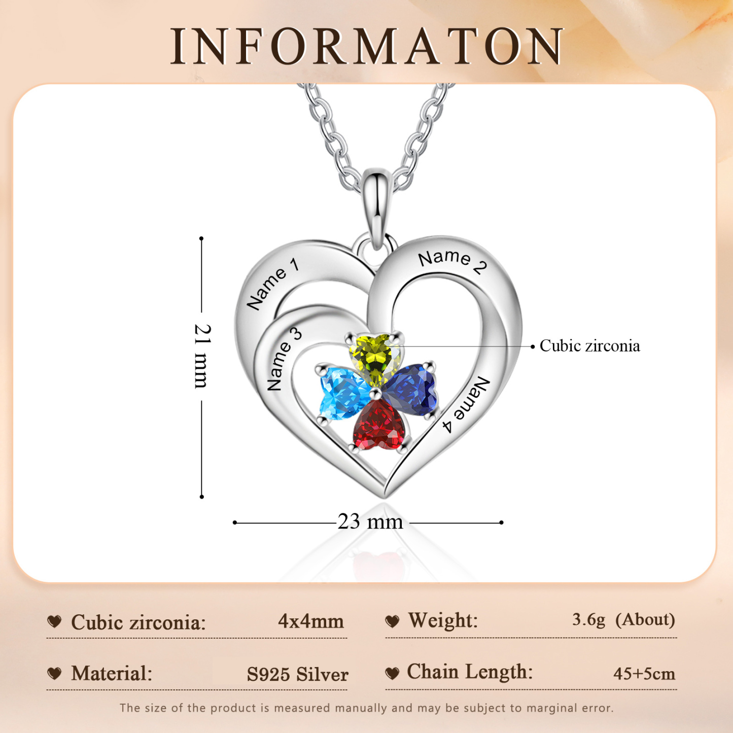 Personalized 925 Sterling Silver Necklace with Engraved 4 Names & 4 Birthstones – Meaningful Gift for Her | Jessemade
