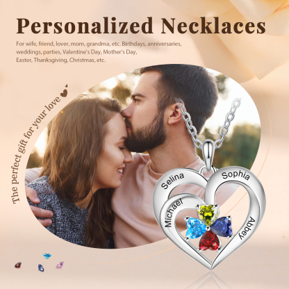 Personalized 925 Sterling Silver Necklace with Engraved 4 Names & 4 Birthstones – Meaningful Gift for Her | Jessemade