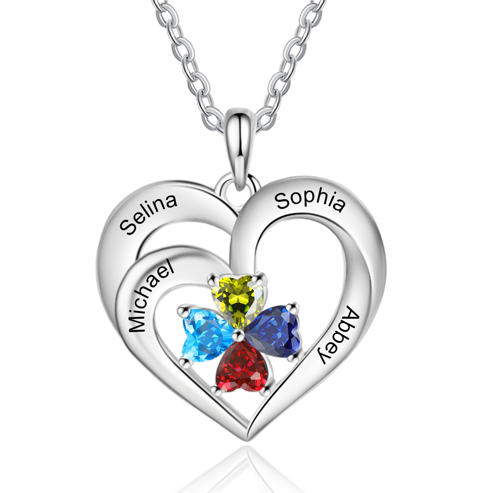 Personalized 925 Sterling Silver Necklace with Engraved 4 Names & 4 Birthstones – Meaningful Gift for Her | Jessemade