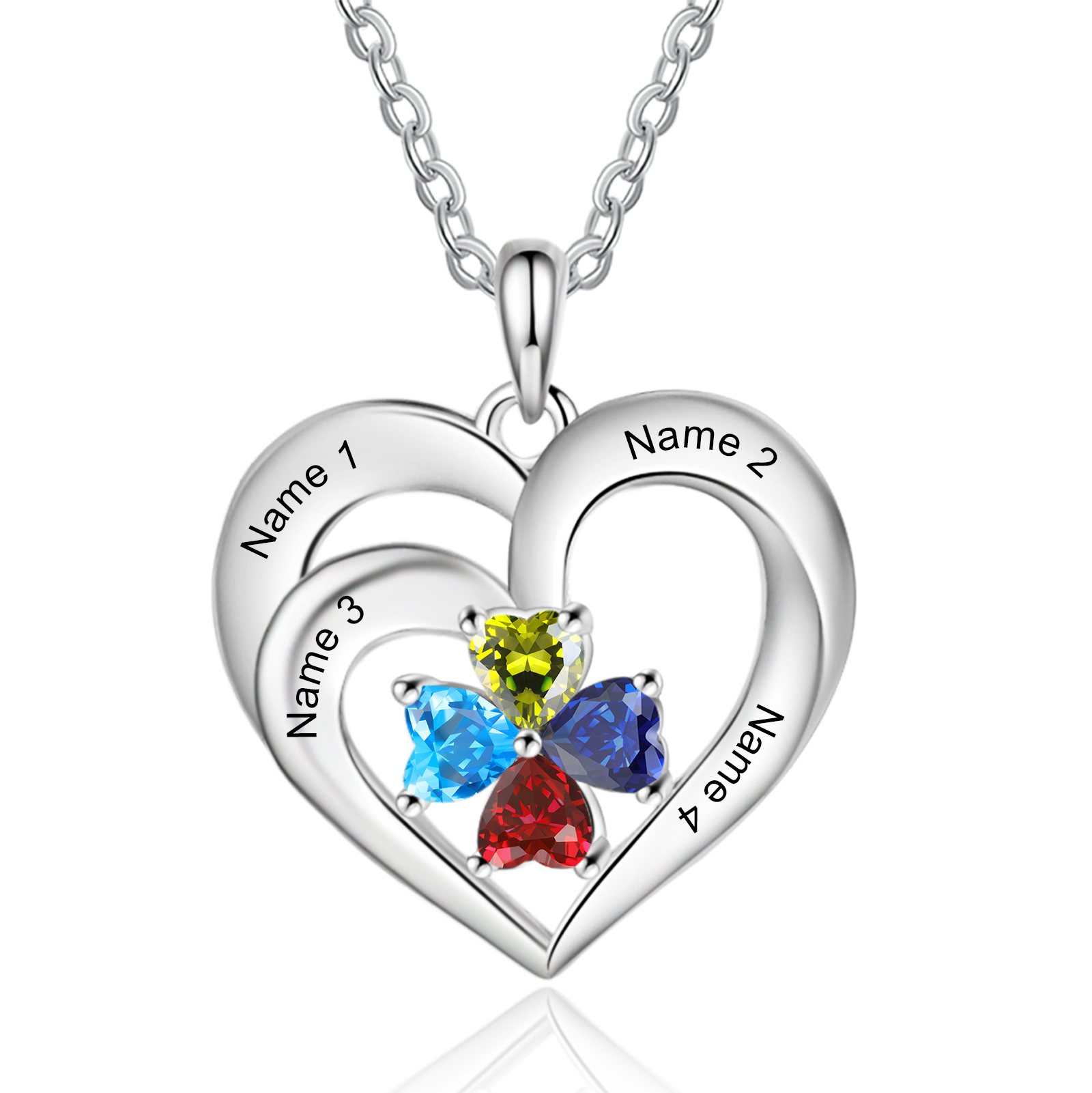 Personalized 925 Sterling Silver Necklace with Engraved 4 Names & 4 Birthstones – Meaningful Gift for Her | Jessemade