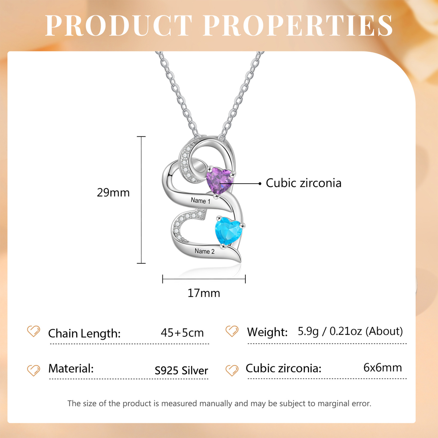 Personalised Heart Necklace with Custom 2 Names & 2 Birthstones – 925 Sterling Silver Double Heart Design – Valentine’s Day Gift for Her | Jessemade