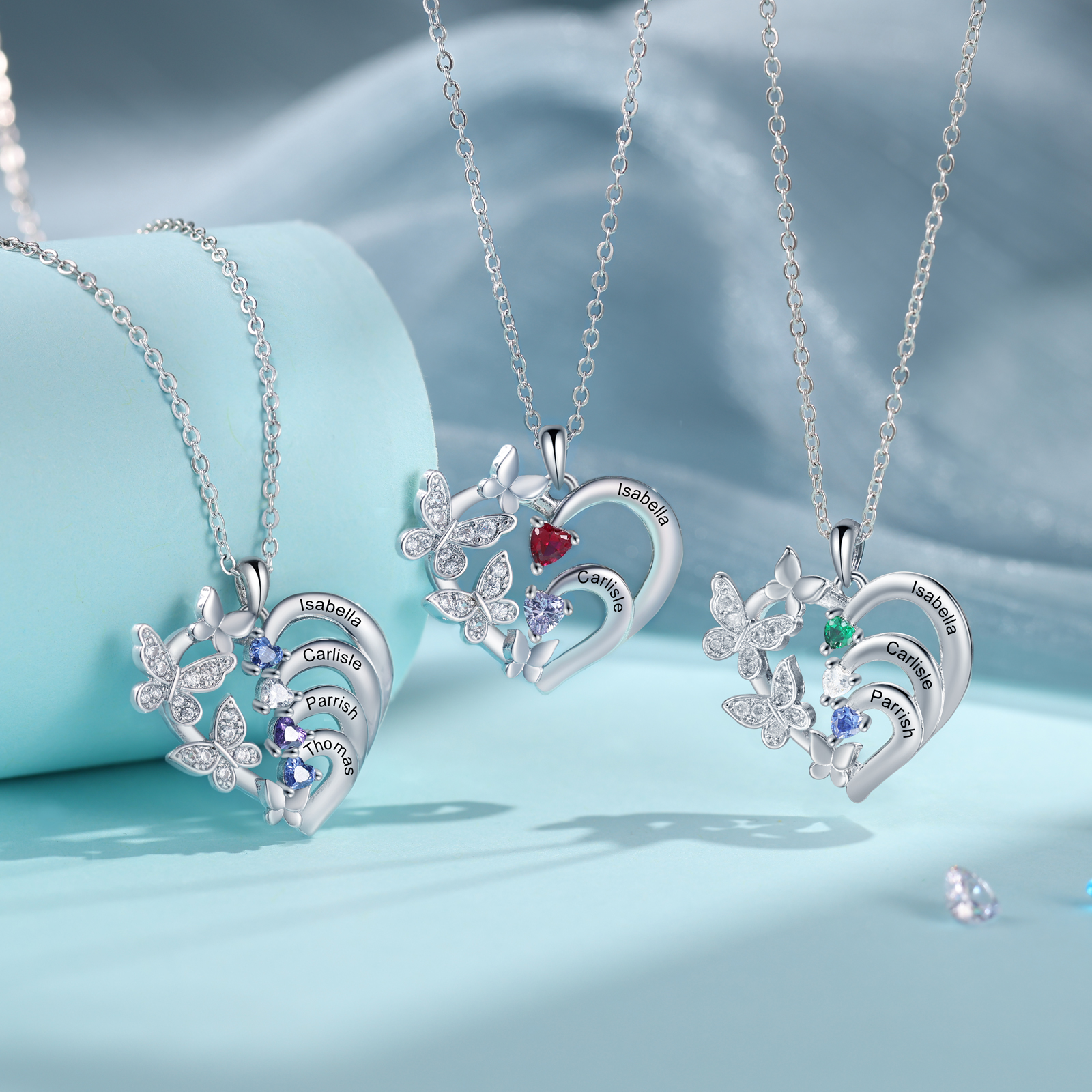 Personalized Butterfly Necklace – Personalized with 3 Birthstones and 3 Names - Gift for Mom