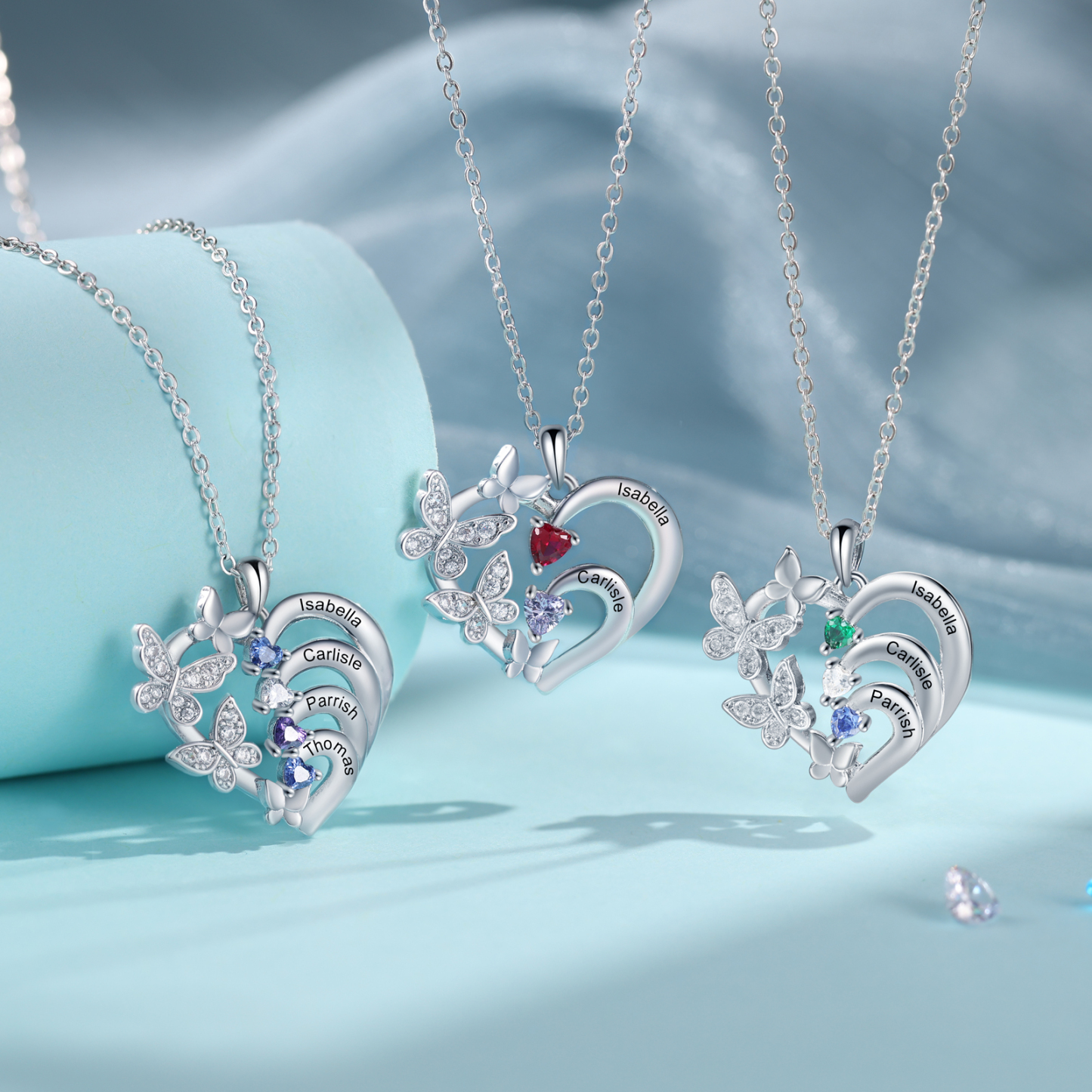 Personalized Butterfly Necklace – Personalized with 3 Birthstones and 3 Names - Gift for Mom