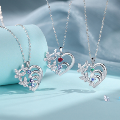 Personalized Butterfly Necklace – Personalized with 3 Birthstones and 3 Names - Gift for Mom