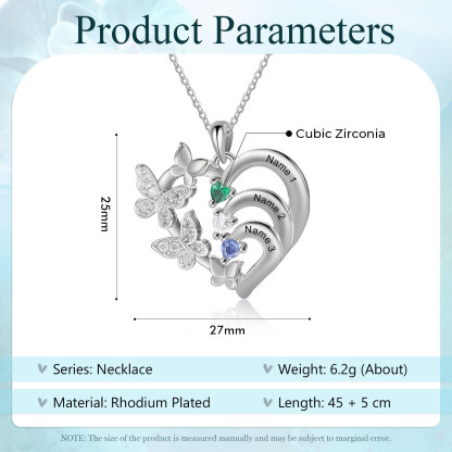 Personalized Butterfly Necklace – Personalized with 3 Birthstones and 3 Names - Gift for Mom