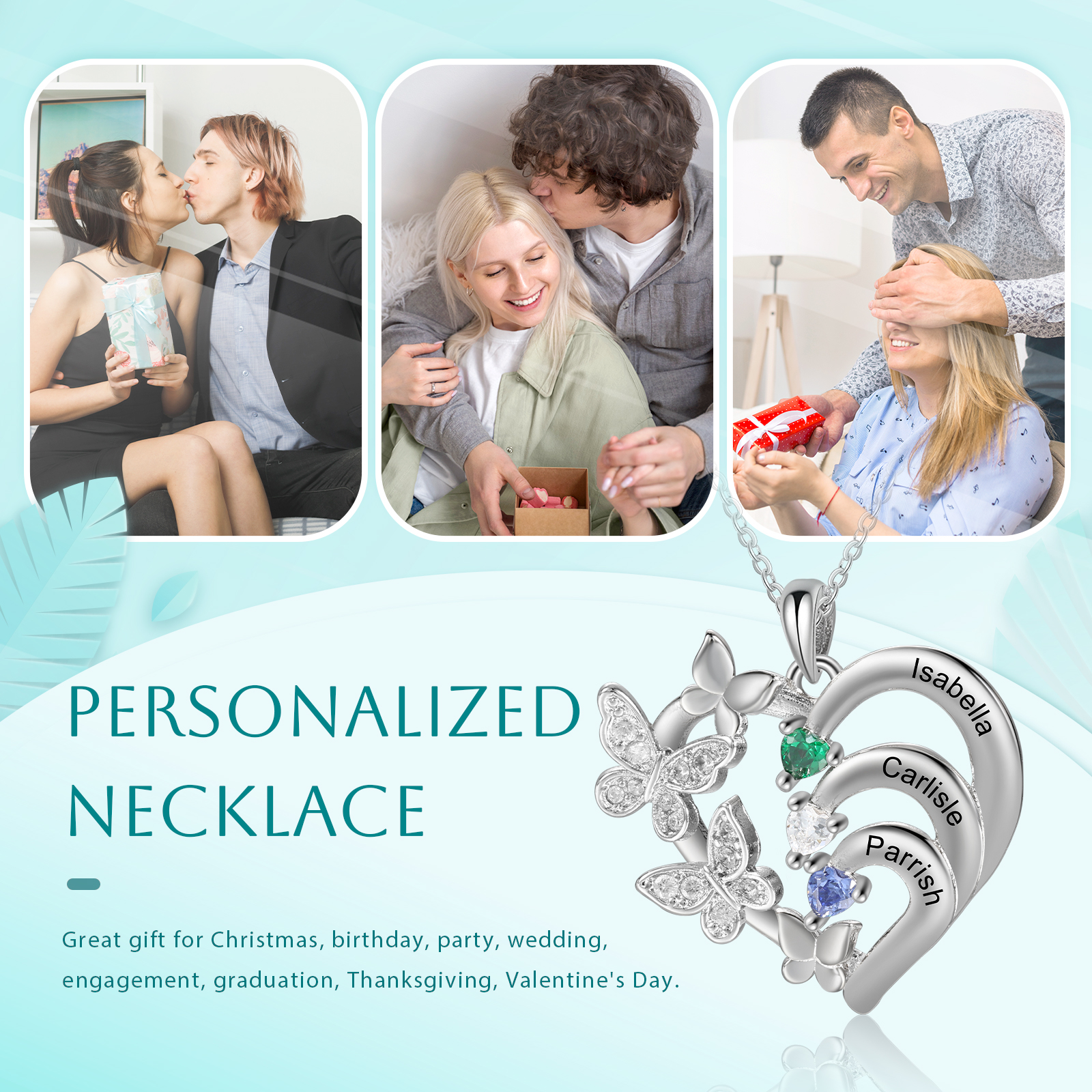 Personalized Butterfly Necklace – Personalized with 3 Birthstones and 3 Names - Gift for Mom