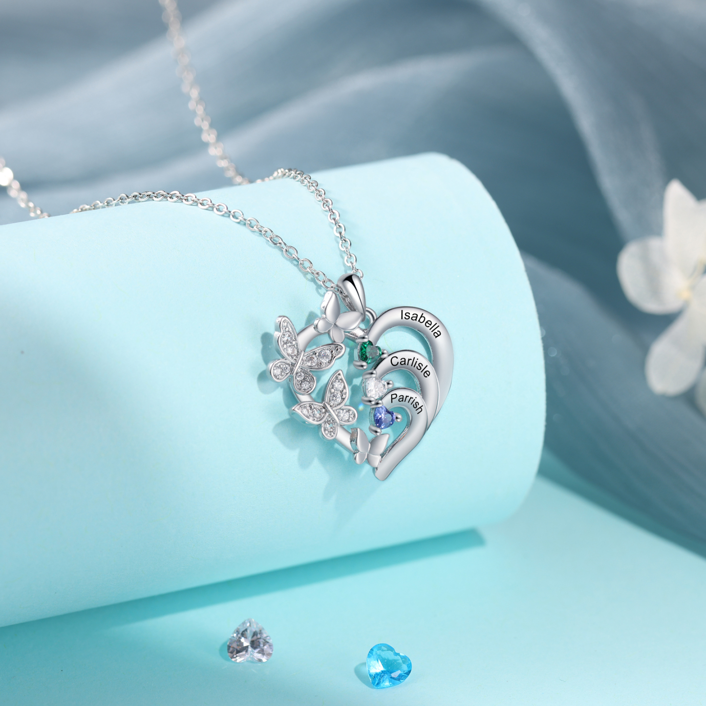 Personalized Butterfly Necklace – Personalized with 3 Birthstones and 3 Names - Gift for Mom