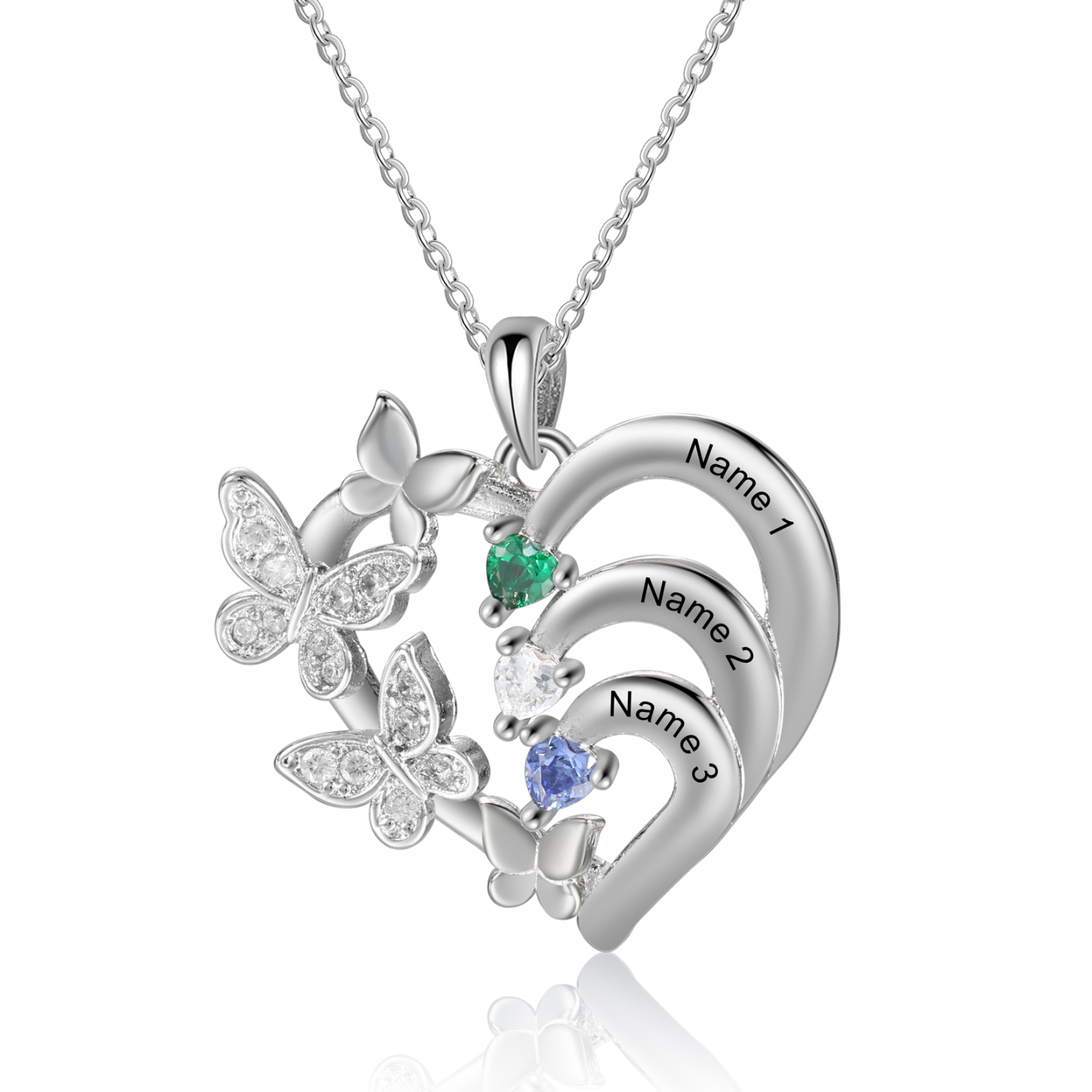 Personalized Butterfly Necklace – Personalized with 3 Birthstones and 3 Names - Gift for Mom
