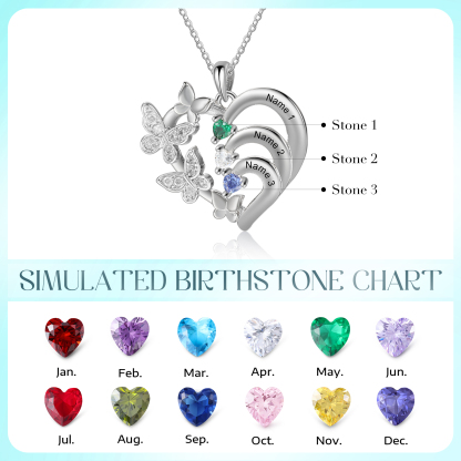 Personalized Butterfly Necklace – Personalized with 3 Birthstones and 3 Names - Gift for Mom