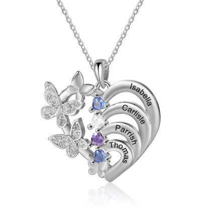 Personalized Butterfly Necklace – Personalized with 2-4 Birthstones and 3 Names - Gift for Mom