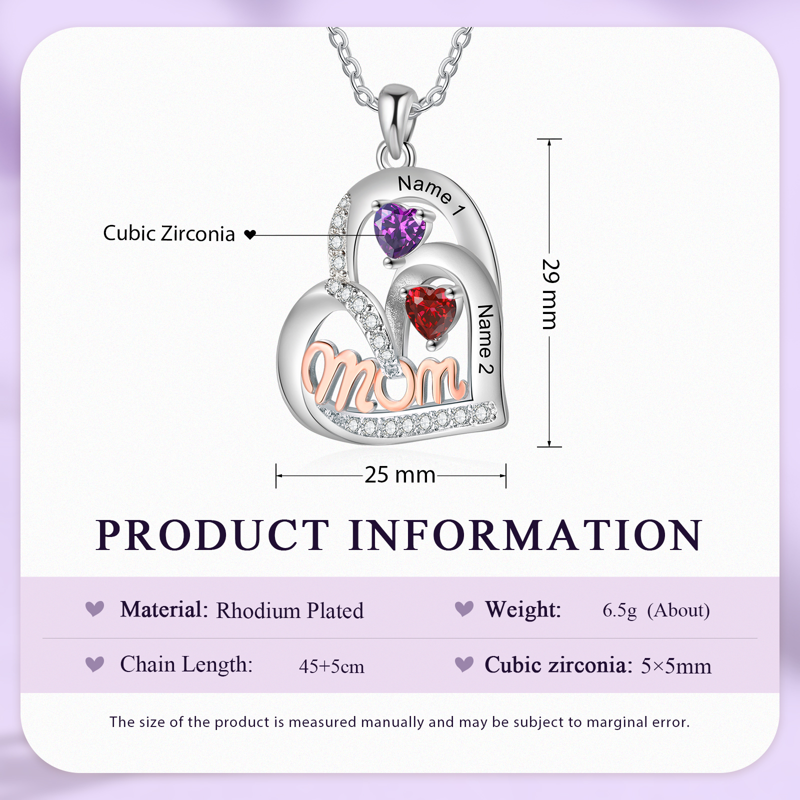 Personalized Mother’s Necklace – Custom Heart Pendant with 2 Birthstones & 2 Names – Unique Gift for Moms & Grandmas