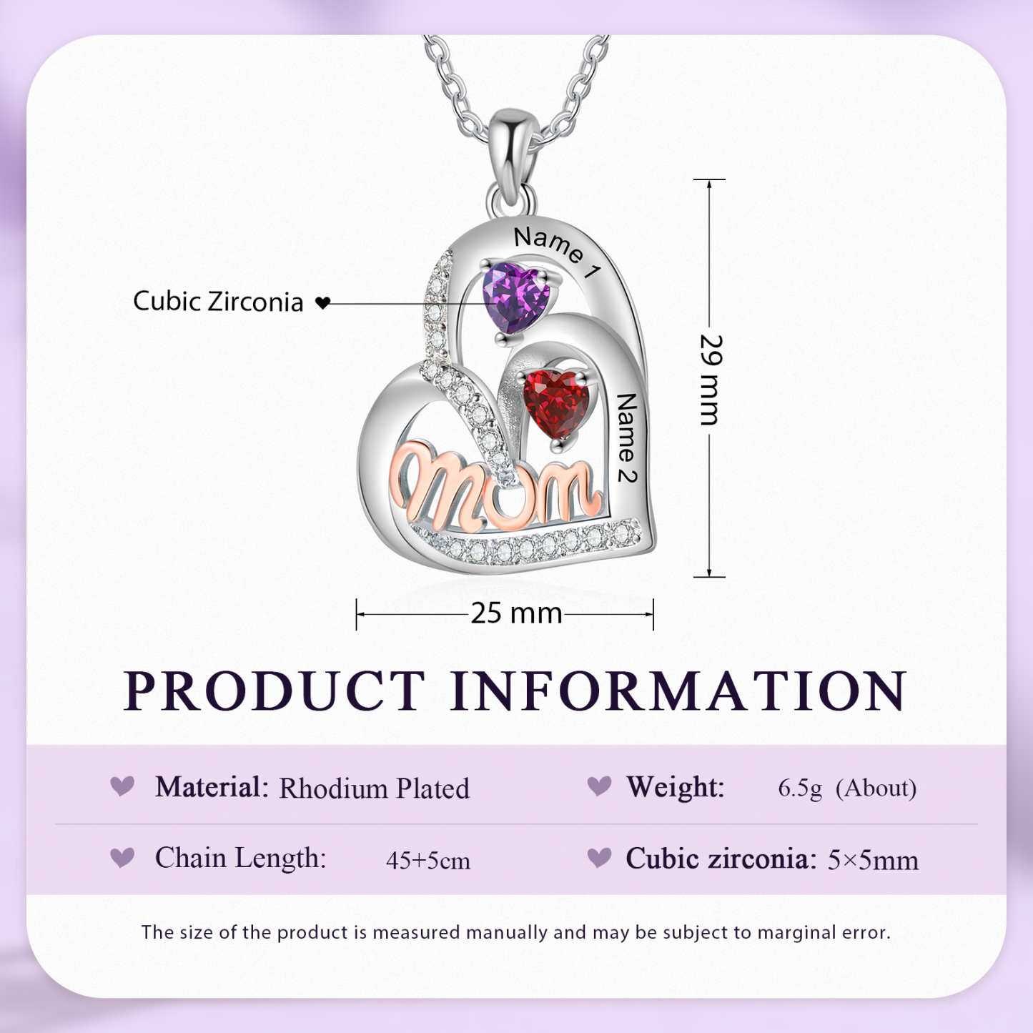 Personalized Mother’s Necklace – Custom Heart Pendant with 2 Birthstones & 2 Names – Unique Gift for Moms & Grandmas