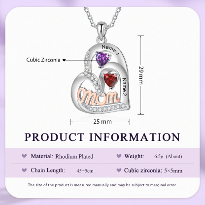 Personalized Mother’s Necklace – Custom Heart Pendant with 2 Birthstones & 2 Names – Unique Gift for Moms & Grandmas