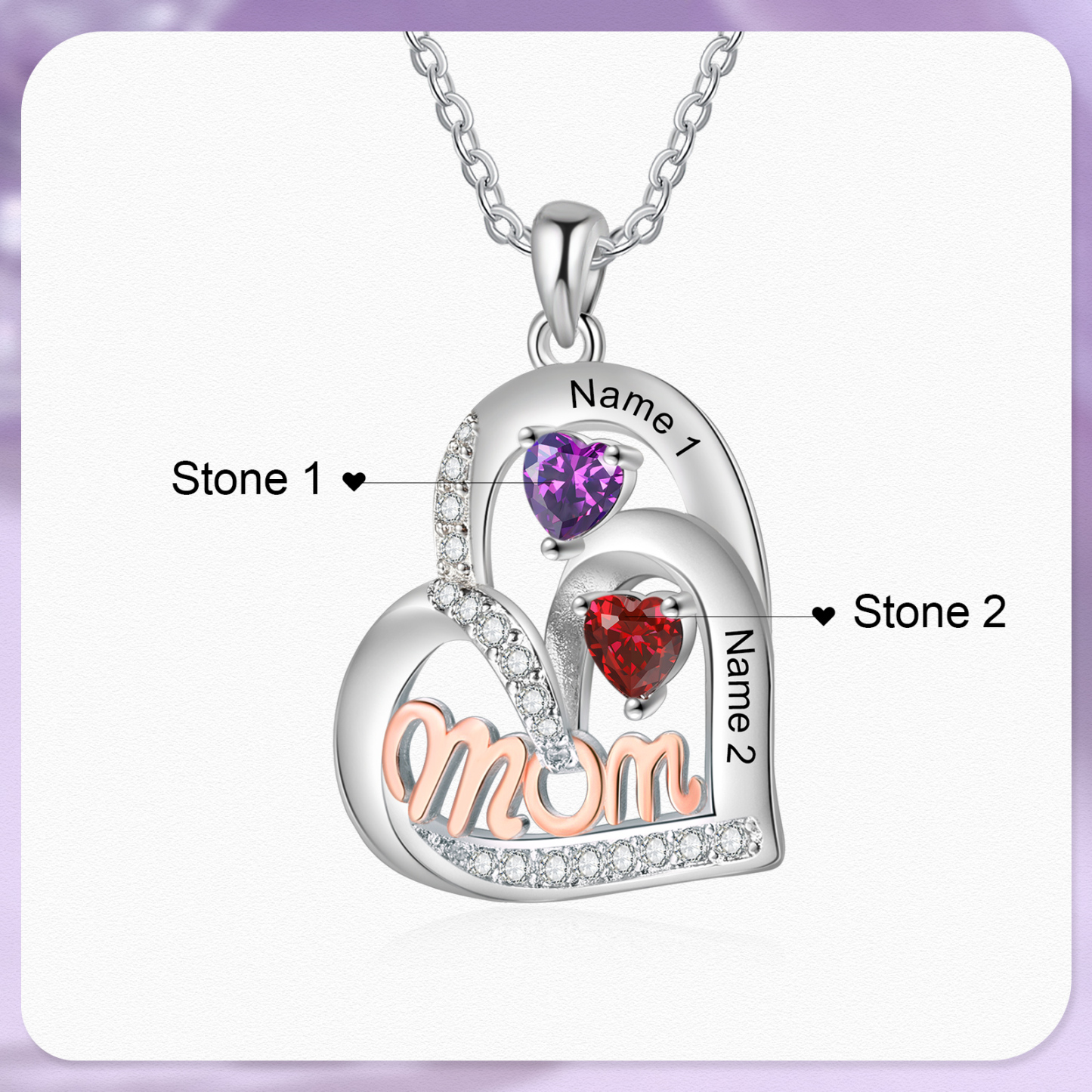 Personalized Mother’s Necklace – Custom Heart Pendant with 2 Birthstones & 2 Names – Unique Gift for Moms & Grandmas
