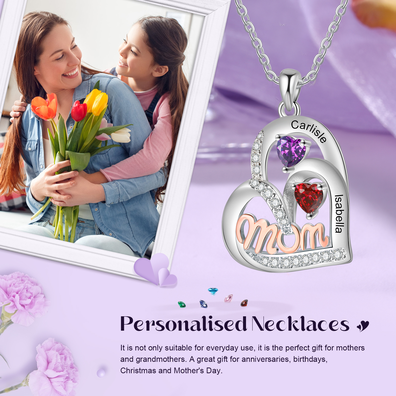 Personalized Mother’s Necklace – Custom Heart Pendant with 2 Birthstones & 2 Names – Unique Gift for Moms & Grandmas