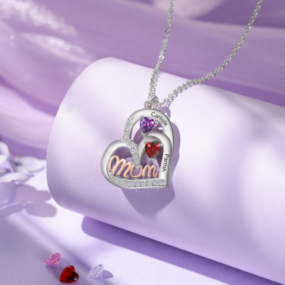 Personalized Mother’s Necklace – Custom Heart Pendant with 2 Birthstones & 2 Names – Unique Gift for Moms & Grandmas