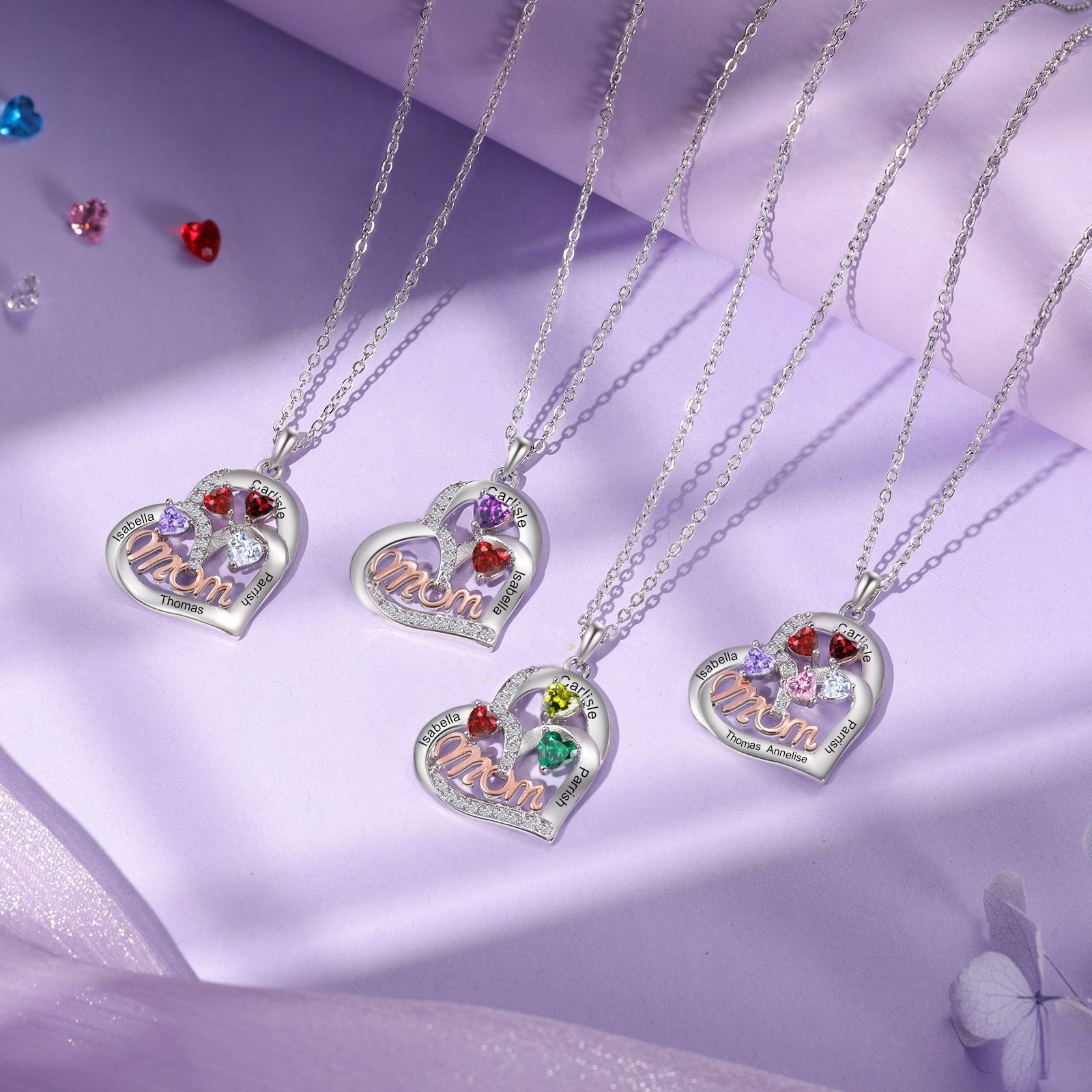 Personalized Mother’s Necklace – Custom Heart Pendant with 5 Birthstones & 5 Names – Unique Gift for Moms & Grandmas