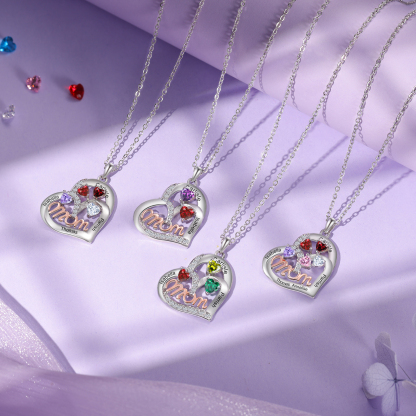 Personalized Mother’s Necklace – Custom Heart Pendant with 5 Birthstones & 5 Names – Unique Gift for Moms & Grandmas