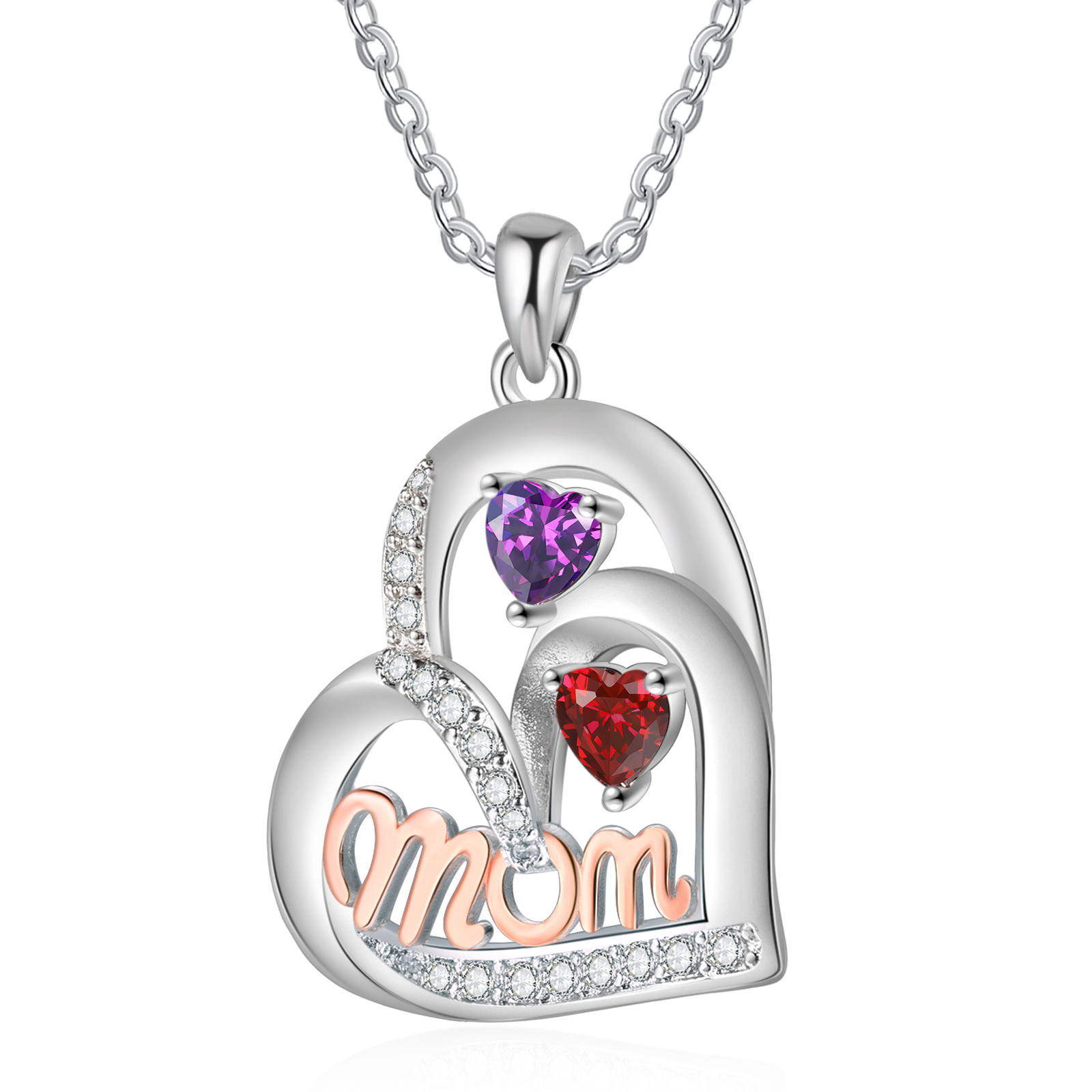 Personalized Mother’s Necklace – Custom Heart Pendant with 2 Birthstones & 2 Names – Unique Gift for Moms & Grandmas