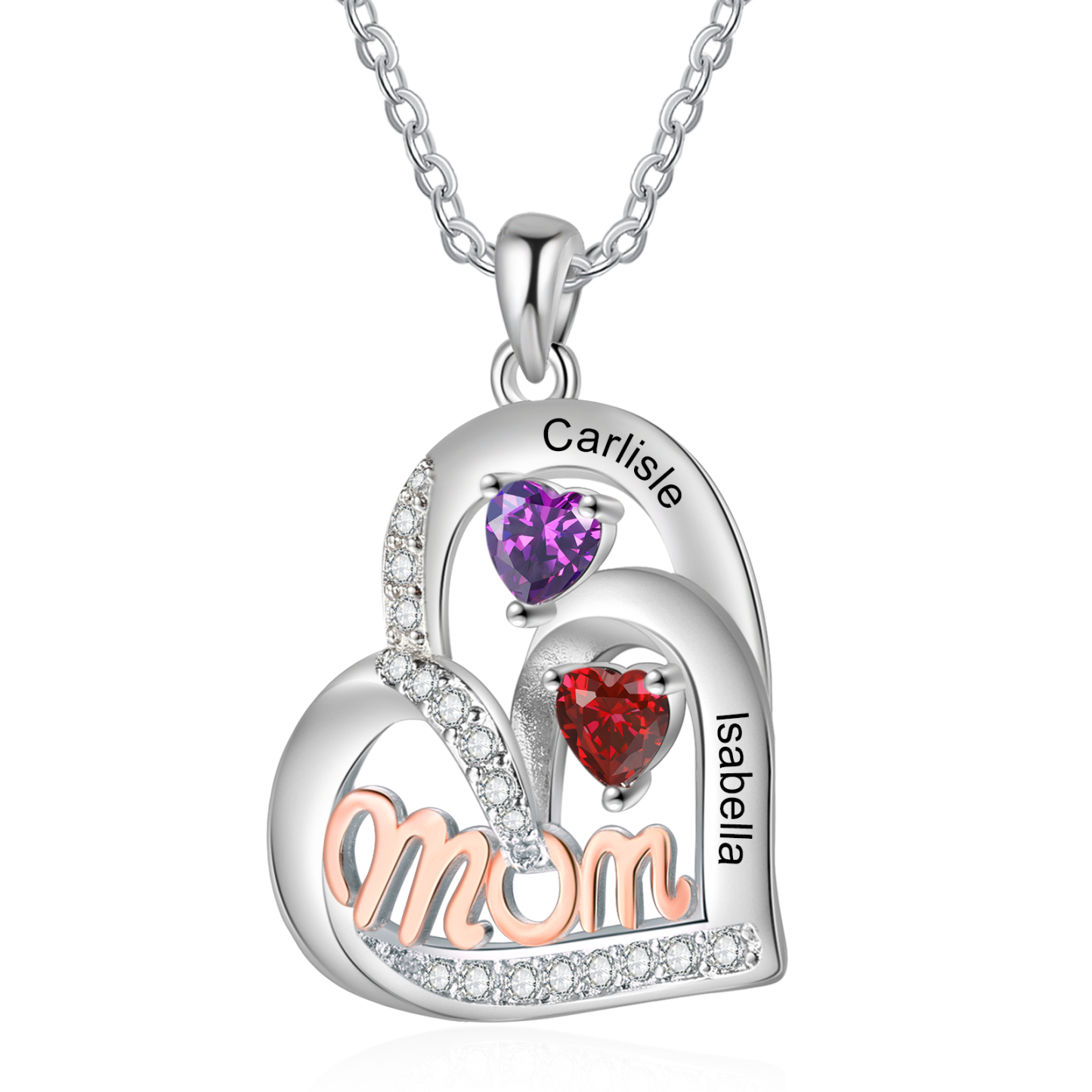 Personalized Mother’s Necklace – Custom Heart Pendant with 2 Birthstones & 2 Names – Unique Gift for Moms & Grandmas