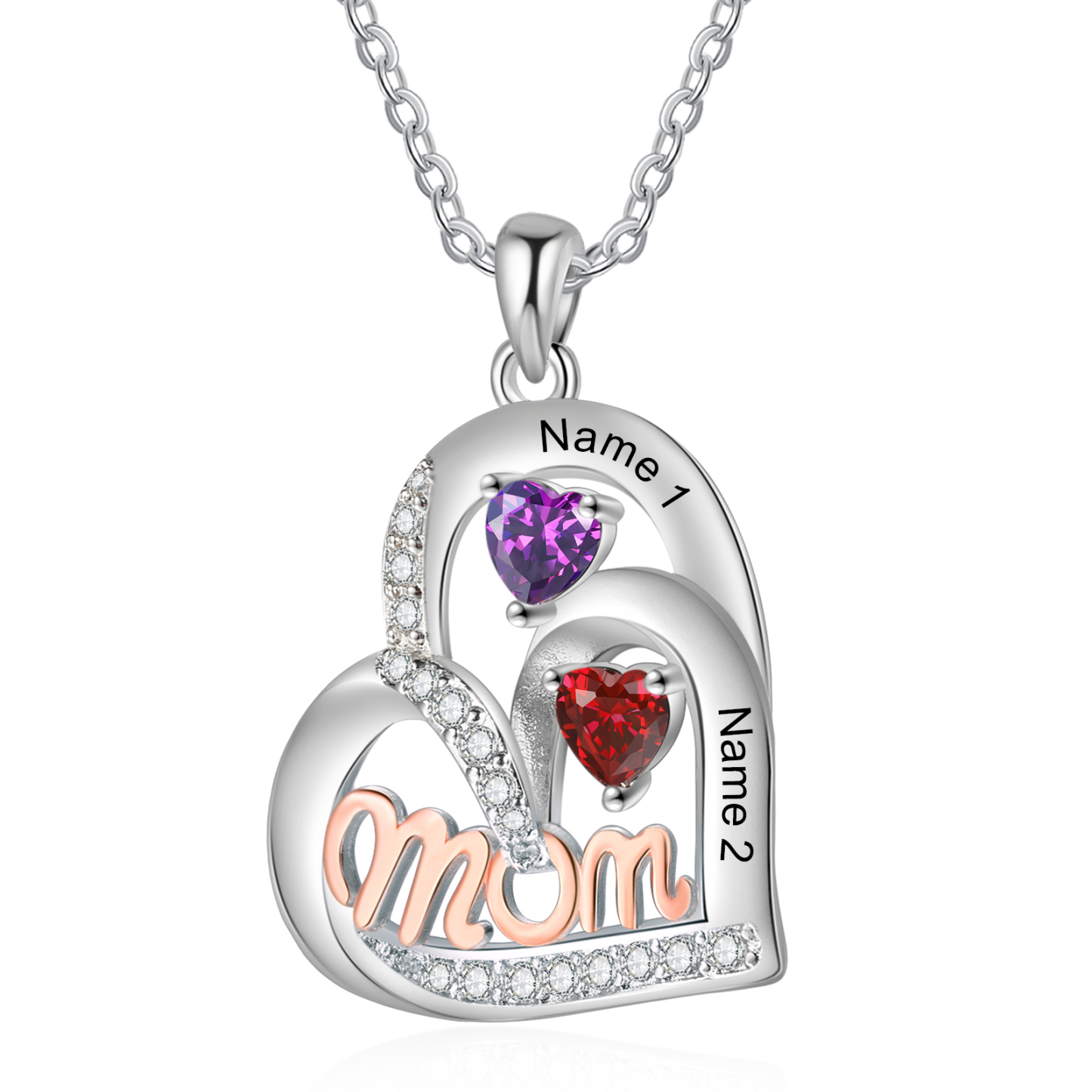 Personalized Mother’s Necklace – Custom Heart Pendant with 2 Birthston