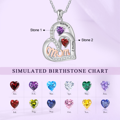 Personalized Mother’s Necklace – Custom Heart Pendant with 2 Birthstones & 2 Names – Unique Gift for Moms & Grandmas