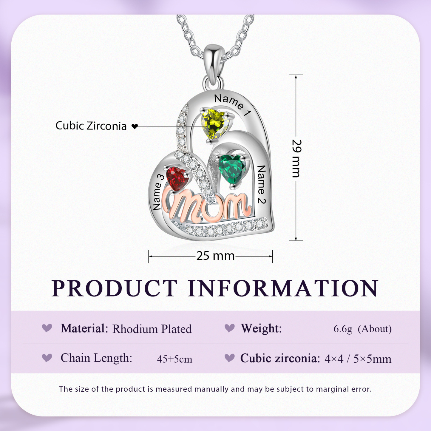 Personalized Mother’s Necklace – Custom Heart Pendant with 3 Birthstones & 3 Names – Unique Gift for Moms & Grandmas
