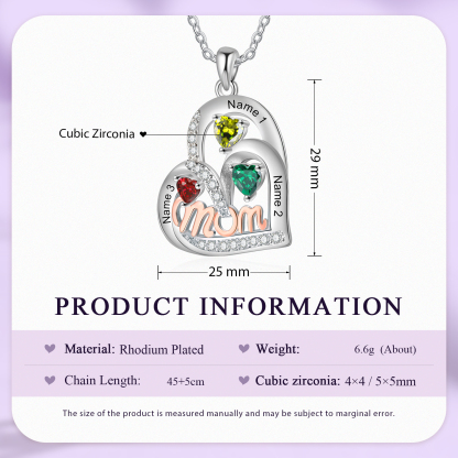 Personalized Mother’s Necklace – Custom Heart Pendant with 3 Birthstones & 3 Names – Unique Gift for Moms & Grandmas