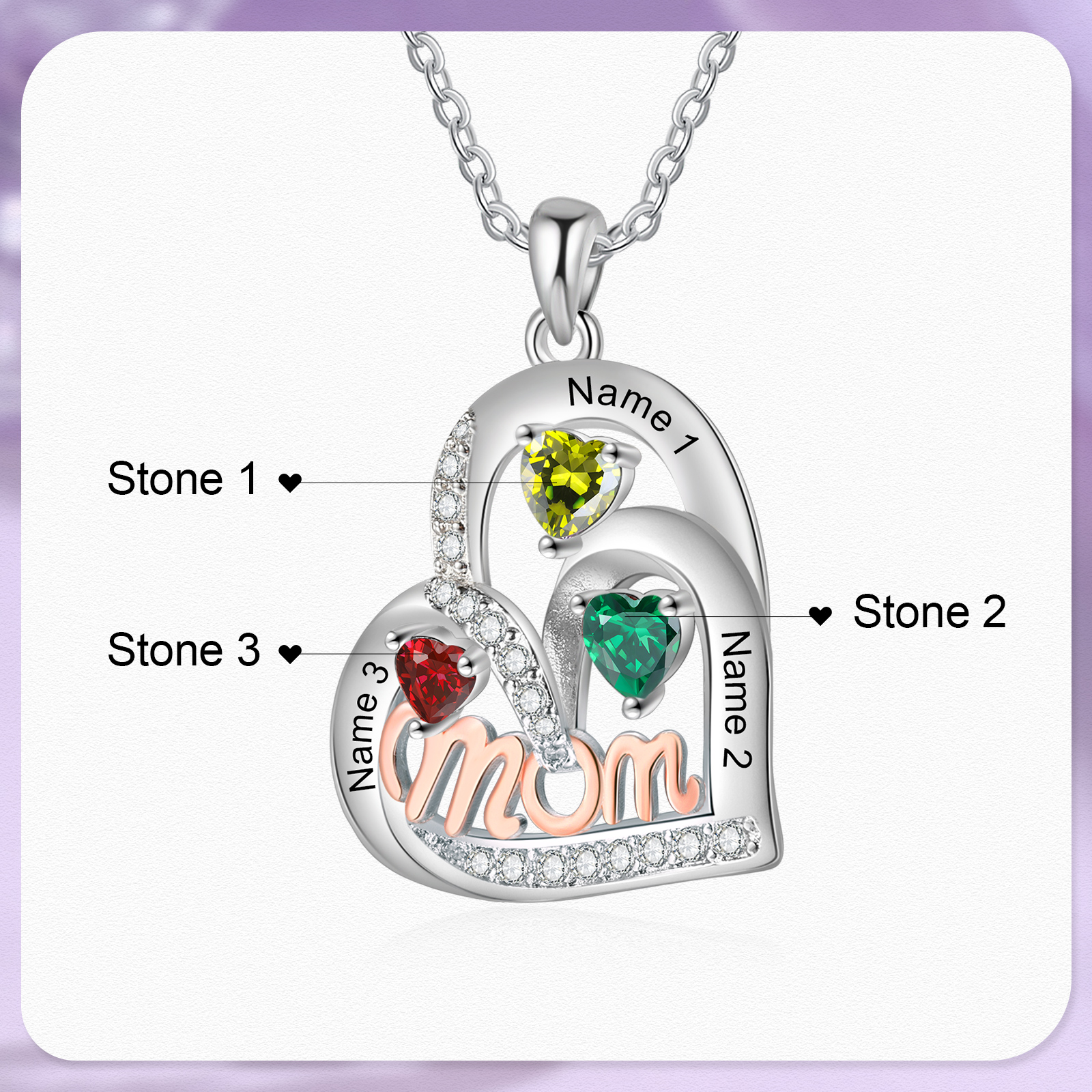 Personalized Mother’s Necklace – Custom Heart Pendant with 3 Birthstones & 3 Names – Unique Gift for Moms & Grandmas