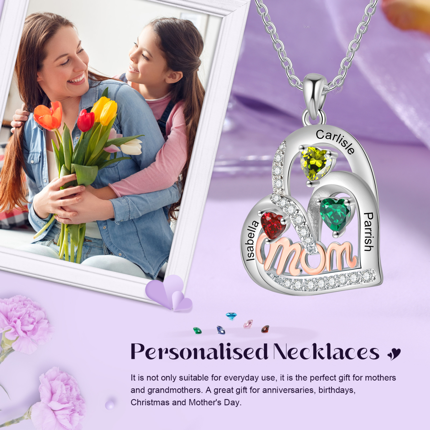 Personalized Mother’s Necklace – Custom Heart Pendant with 3 Birthstones & 3 Names – Unique Gift for Moms & Grandmas