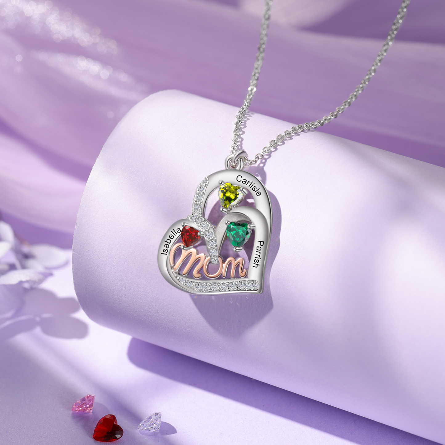 Personalized Mother’s Necklace – Custom Heart Pendant with 3 Birthstones & 3 Names – Unique Gift for Moms & Grandmas