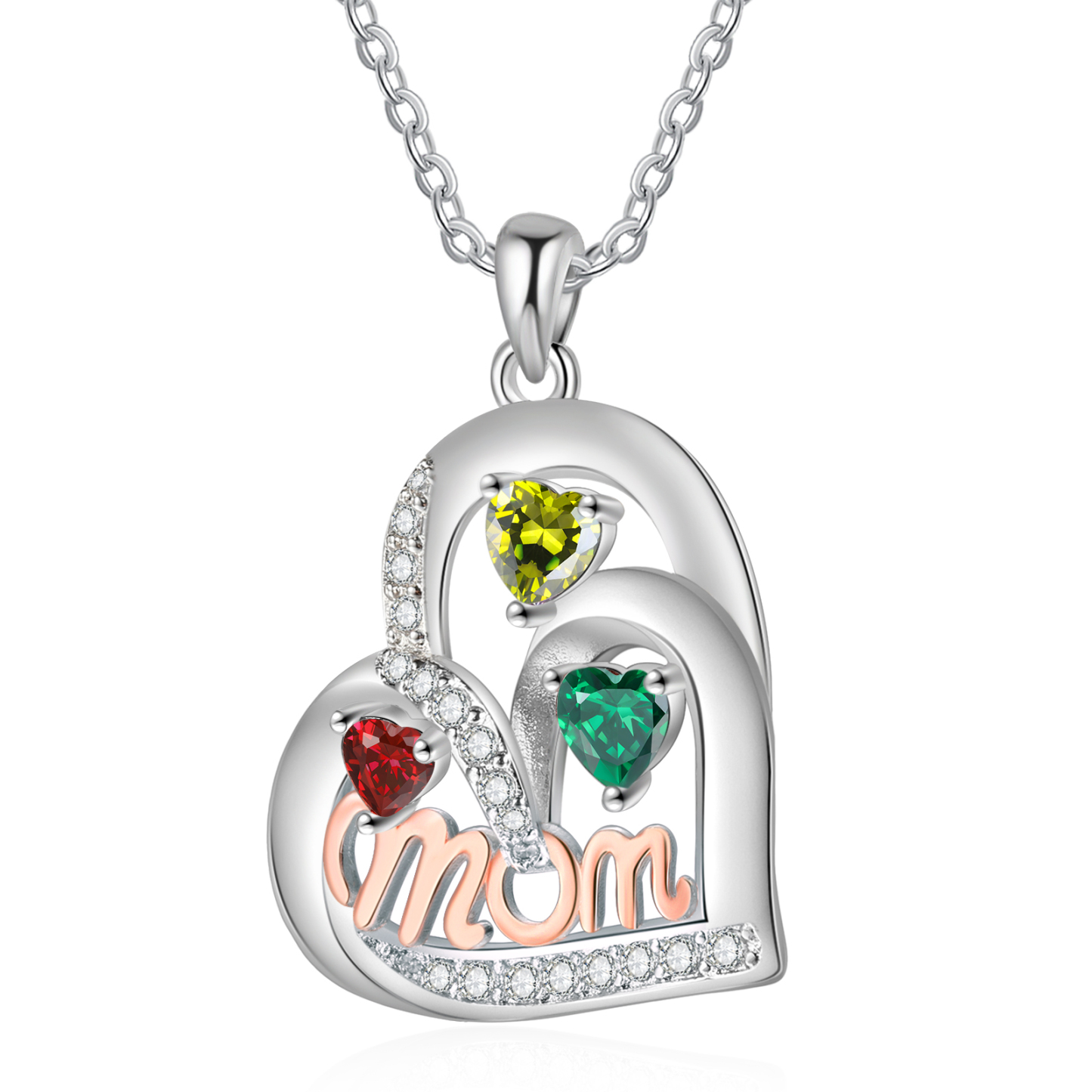 Personalized Mother’s Necklace – Custom Heart Pendant with 3 Birthstones & 3 Names – Unique Gift for Moms & Grandmas