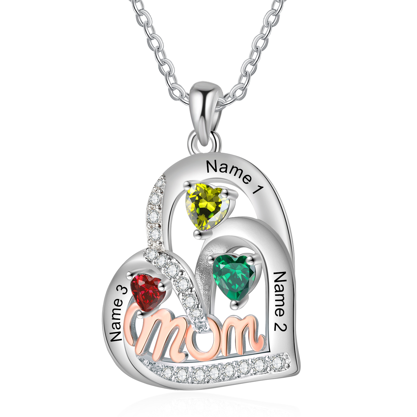 Personalized Mother’s Necklace – Custom Heart Pendant with 3 Birthstones & 3 Names – Unique Gift for Moms & Grandmas