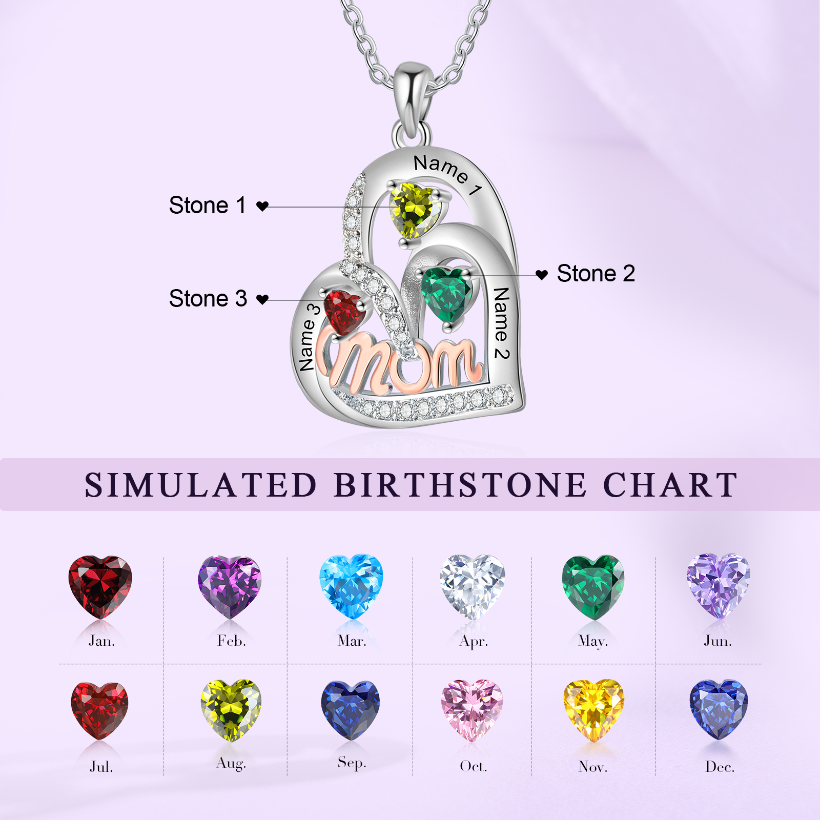 Personalized Mother’s Necklace – Custom Heart Pendant with 3 Birthstones & 3 Names – Unique Gift for Moms & Grandmas