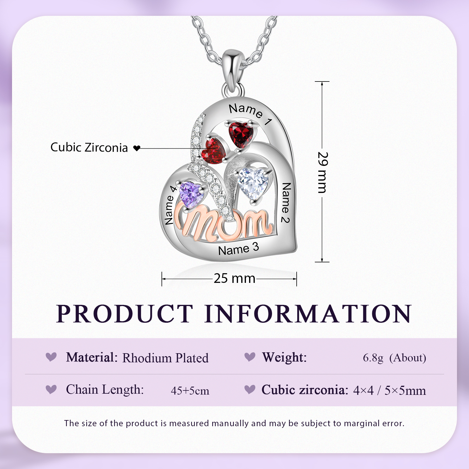 Personalized Mother’s Necklace – Custom Heart Pendant with 4 Birthstones & 4 Names – Unique Gift for Moms & Grandmas