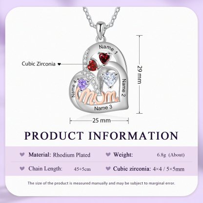 Personalized Mother’s Necklace – Custom Heart Pendant with 4 Birthstones & 4 Names – Unique Gift for Moms & Grandmas