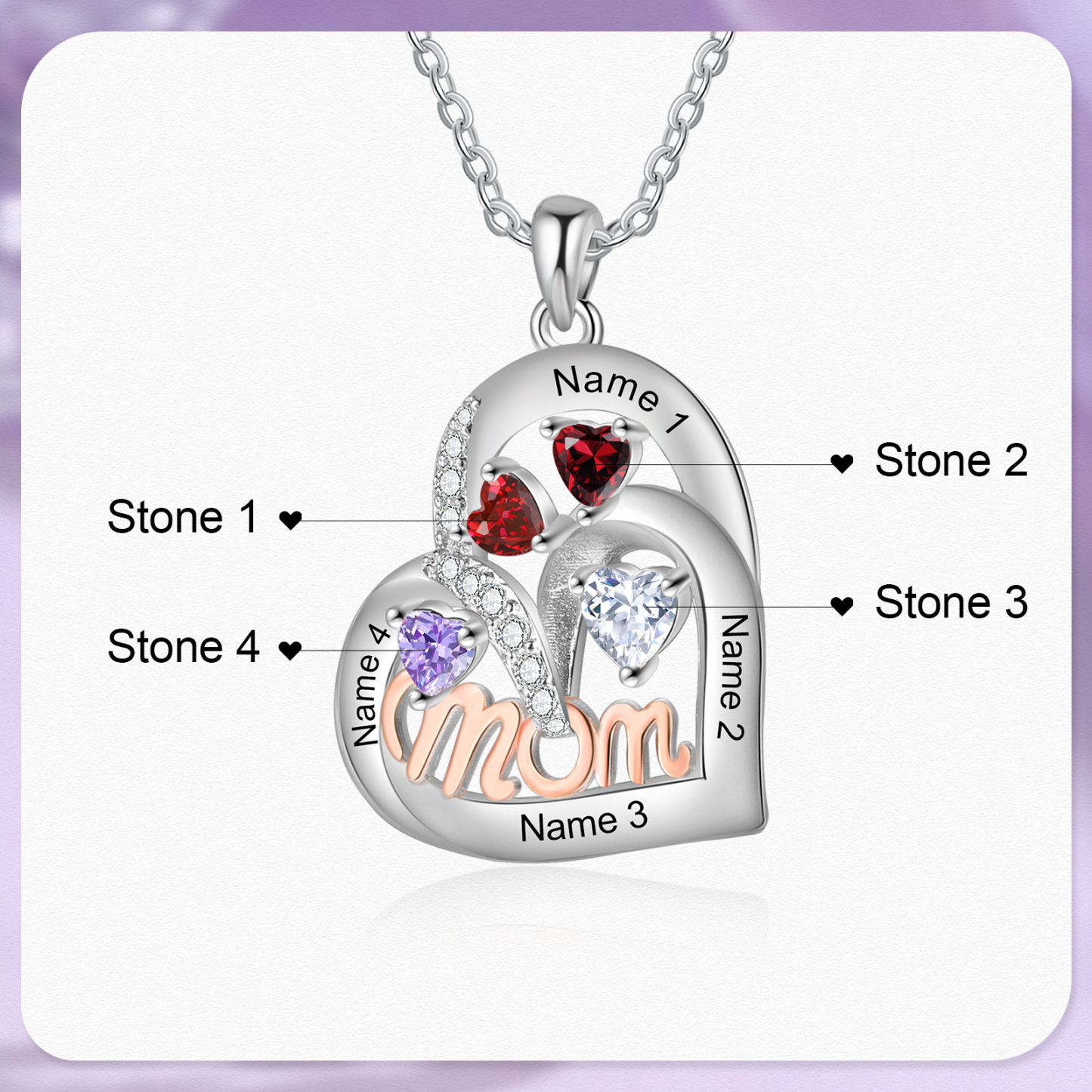Personalized Mother’s Necklace – Custom Heart Pendant with 4 Birthstones & 4 Names – Unique Gift for Moms & Grandmas