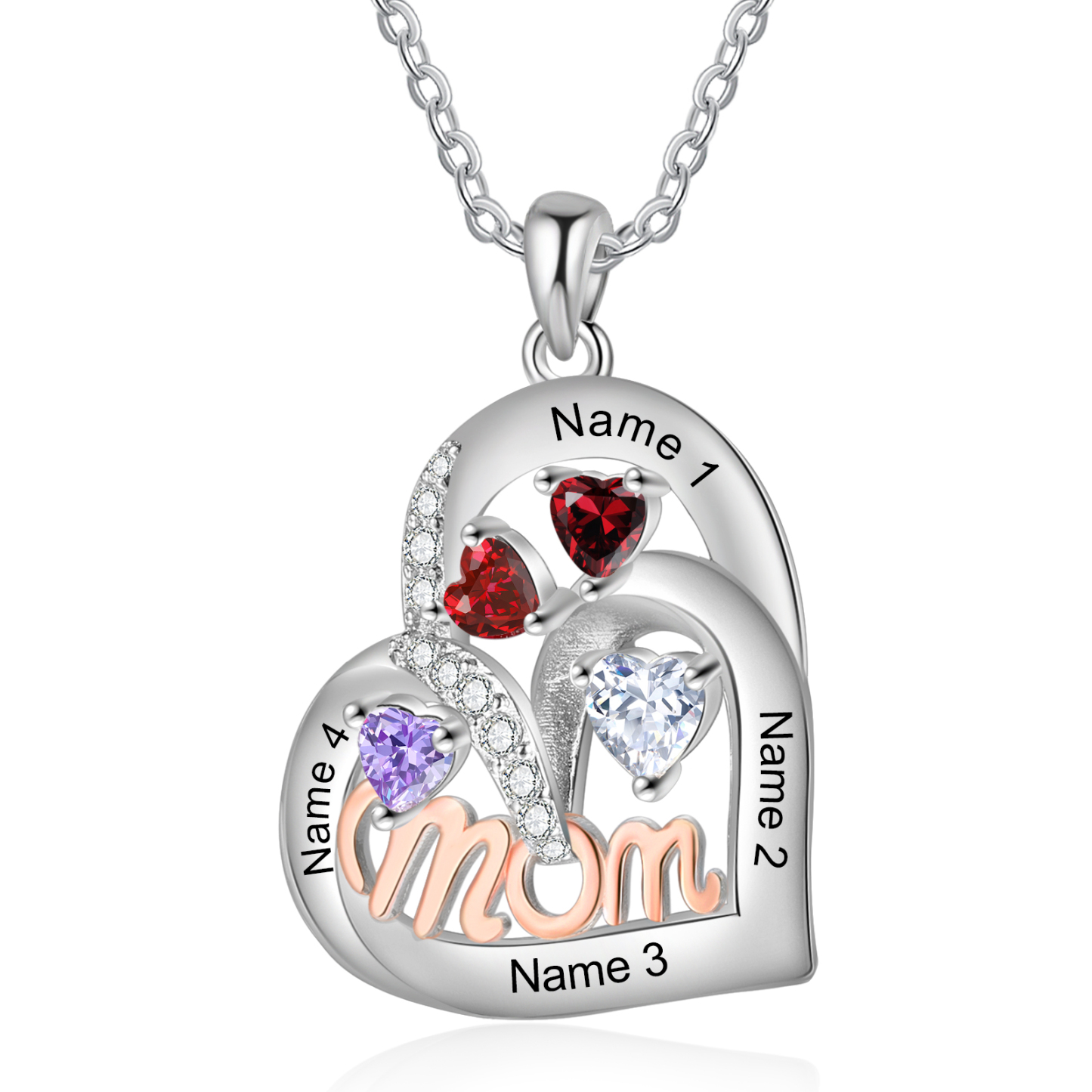Personalized Mother’s Necklace – Custom Heart Pendant with 4 Birthstones & 4 Names – Unique Gift for Moms & Grandmas