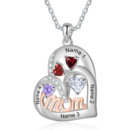 Personalized Mother’s Necklace – Custom Heart Pendant with 4 Birthstones & 4 Names – Unique Gift for Moms & Grandmas